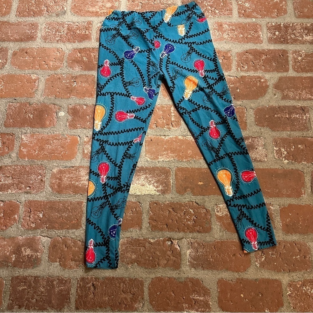 Lularoe Tall and Curvy stretchy Leggings Light Bulbs Unicorn turquoise & black